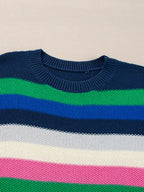Rainbow Striped Crew Neck Drop Shoulder Sweater