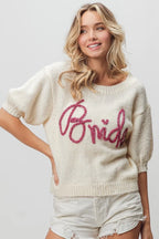 BiBi Metallic Letter Short Puff Sleeve Hairy Sweater