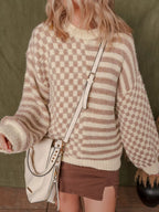 Checkerboard & Striped Pattern Knit Sweater