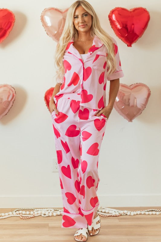 Heart Valentines Short Sleeve Pants Pajamas Set