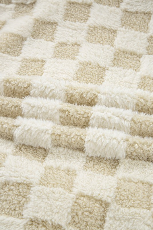 Checker Sherpa Snap Button Vest Jacket With Pocket