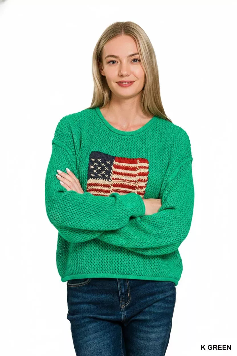 Zenana American Flag Crew Neck Sweater
