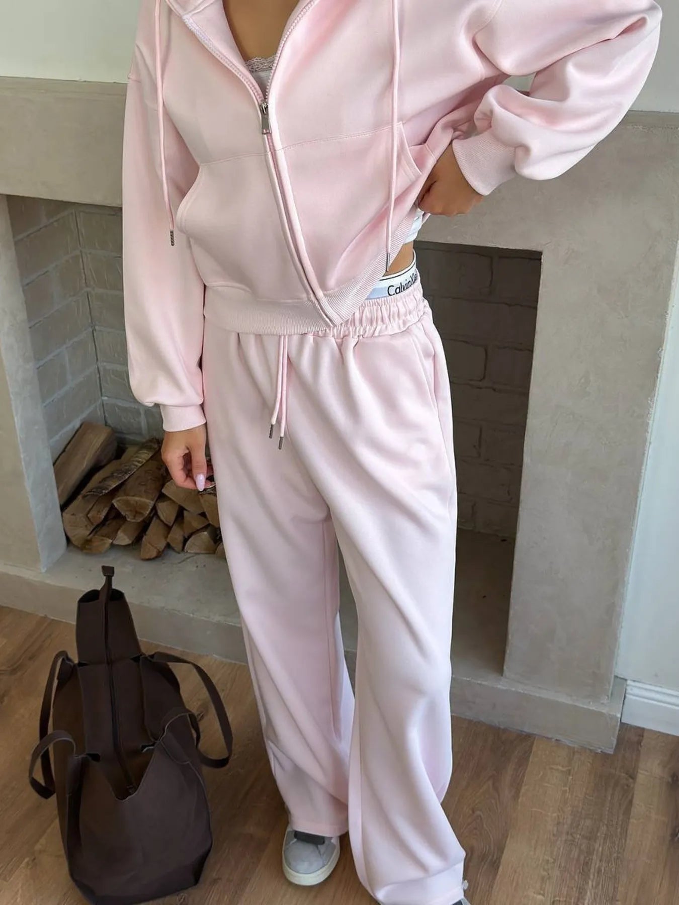 Zip Up Drawstring Hoodie and Pants Set