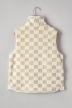 Checker Sherpa Snap Button Vest Jacket With Pocket