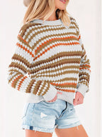 Stripe Eyelet Patterned Drop Shoulder Sweater