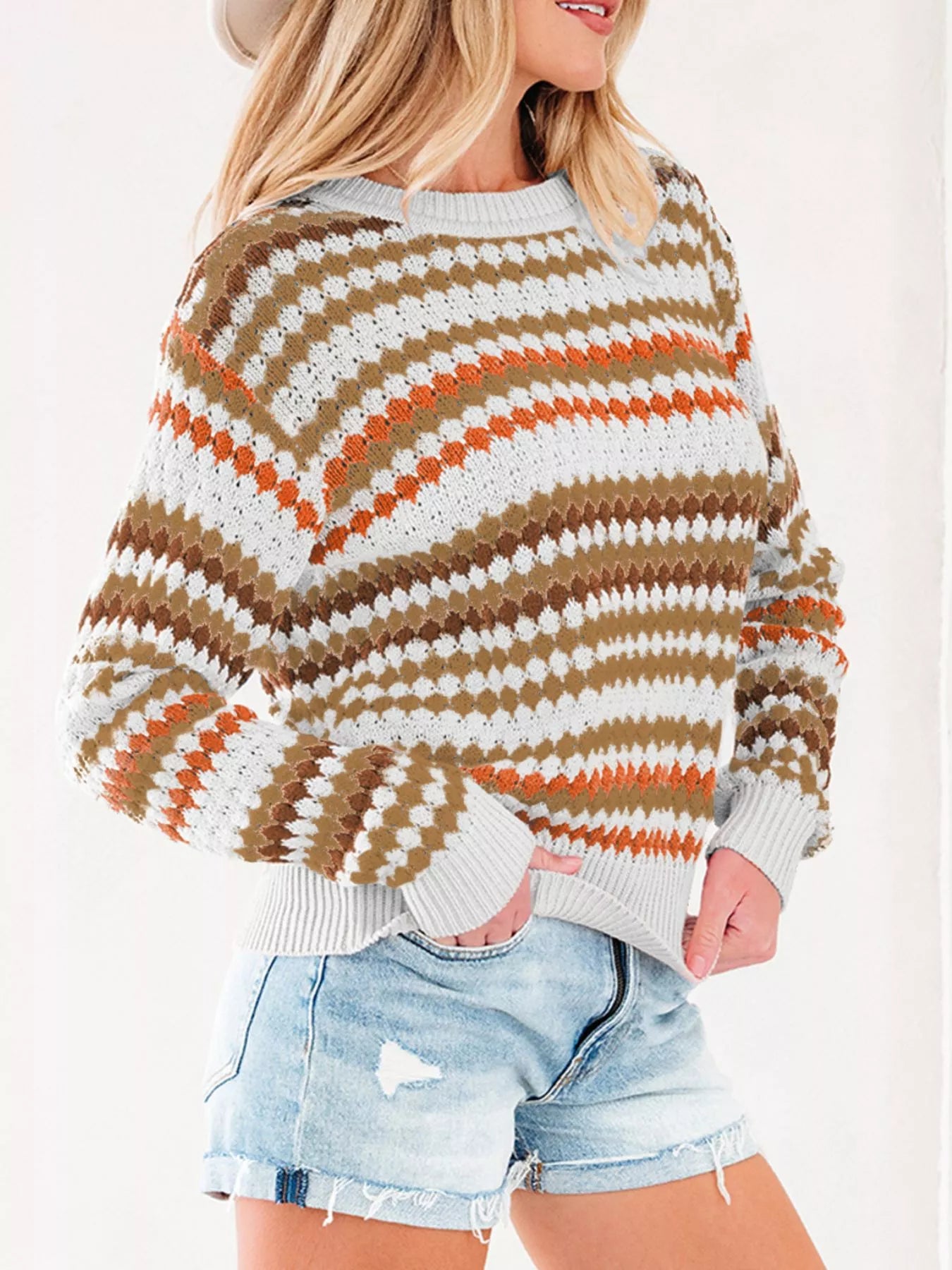 Stripe Eyelet Patterned Drop Shoulder Sweater