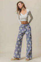 BiBi Flower Printed Side Pocket Wide Pants