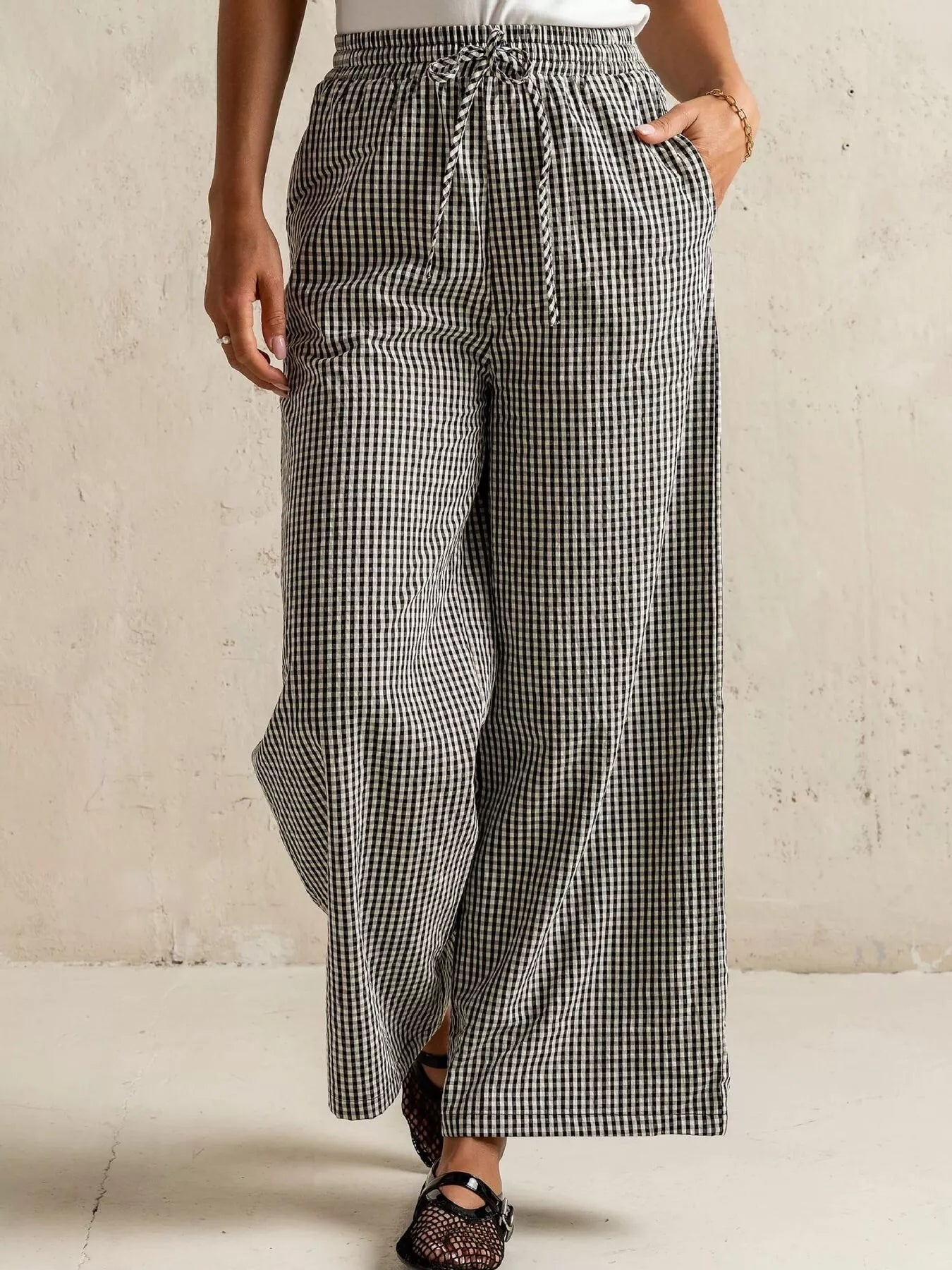 Gingham Print Wide Leg Casual Pants