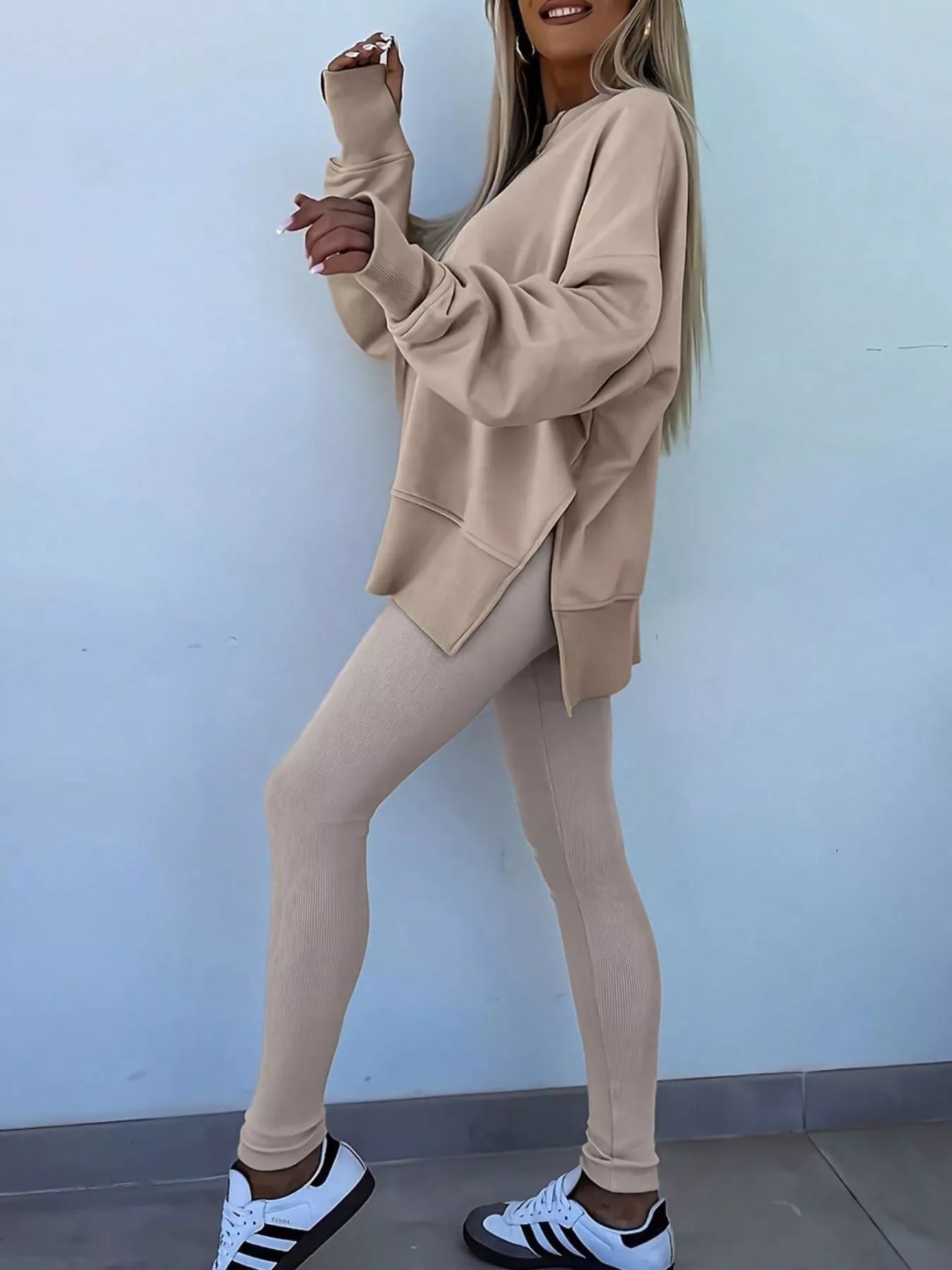 Solid Color Oversize Slit Sweatshirt and Ribbed Leggings 2pcs Set
