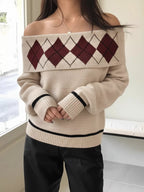Off-Shoulder Argyle Pattern Sweater
