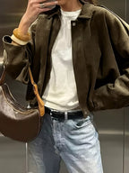 Suede Cropped Bomber Jacket