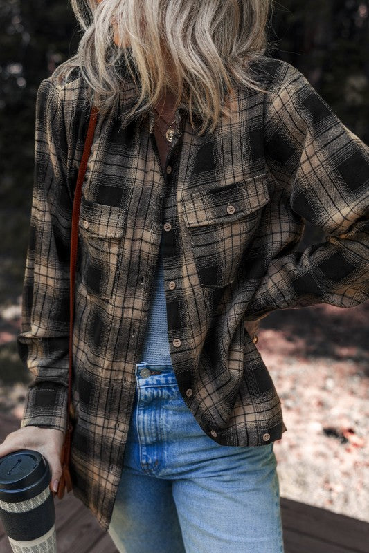 Plaid Double Flap Pocket Brushed Shacket