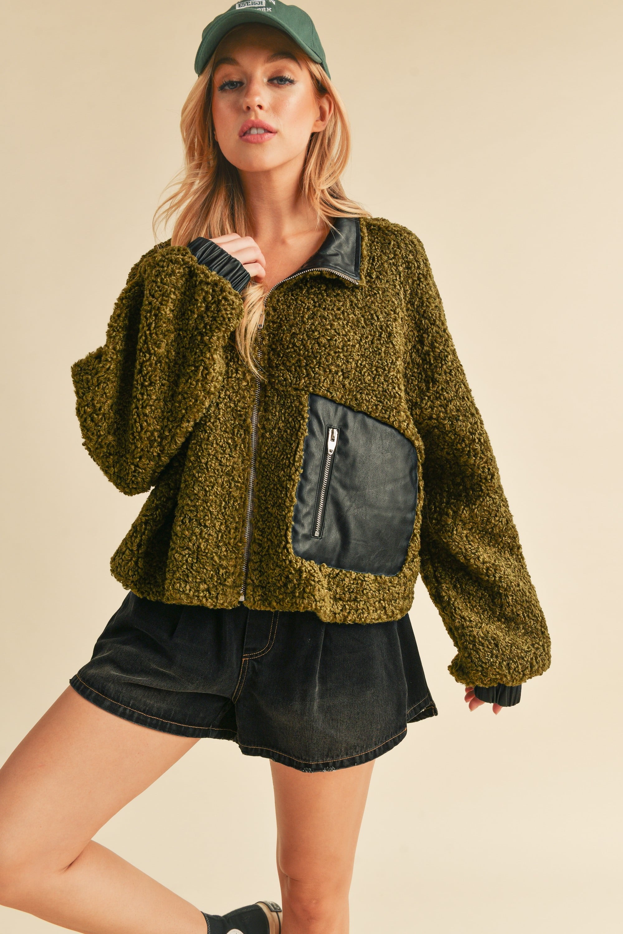 Aemi + Co Collared Neck Zip Up Sherpa Jacket