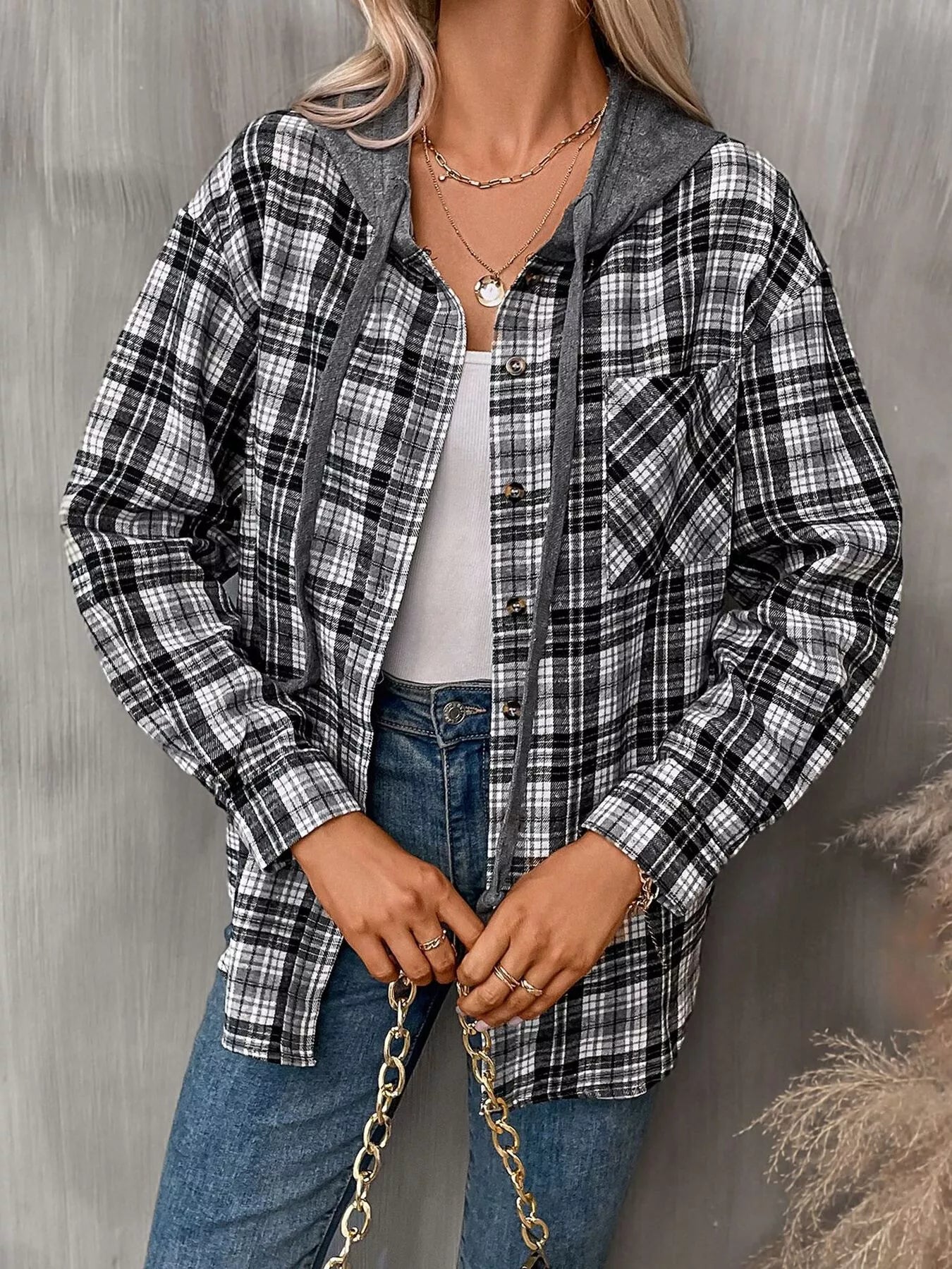 Hooded Plaid Button-Up Shirt
