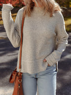 Waffle Texture Knit Ribbed High Neck Drop Shoulder Sweater