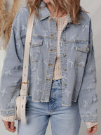 Bow Knot Print Light Wash Raw Hem Denim Jacket
