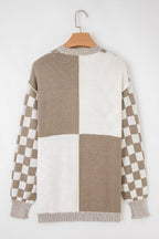 Checkerboard Print Open Front Knit Cardigan