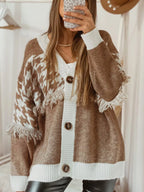 Fringe Trim Button-Up Cardigan