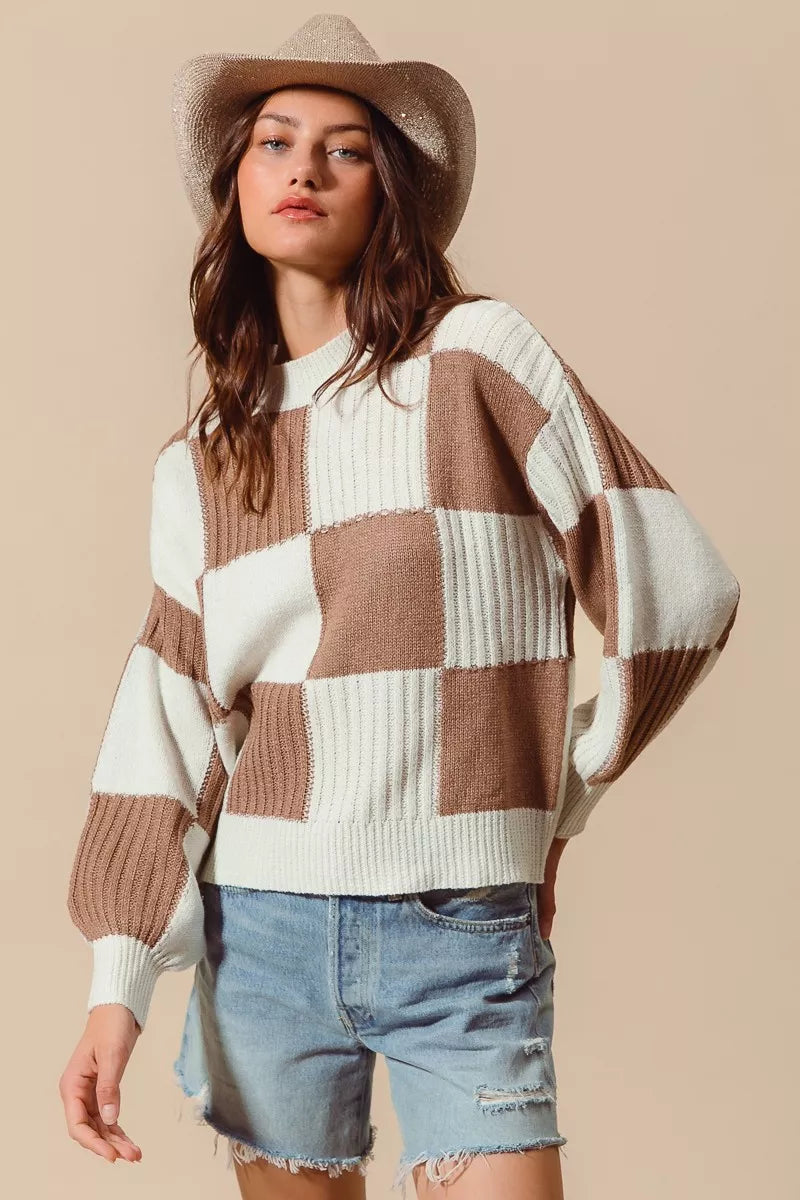 SO ME Ribbed Color Block Checkered Plaid Sweater