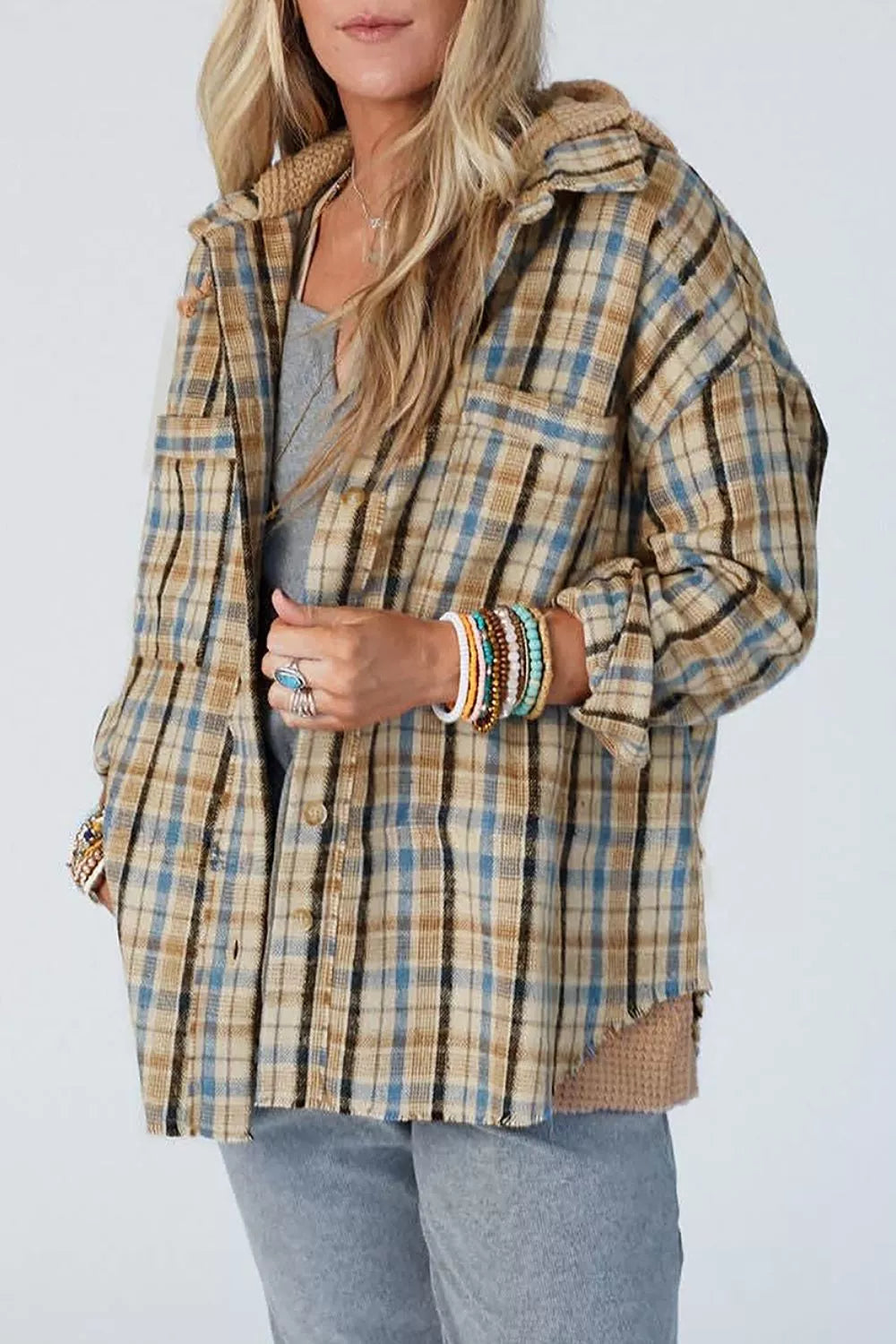Plaid Drawstring Hooded Flannel Jacket