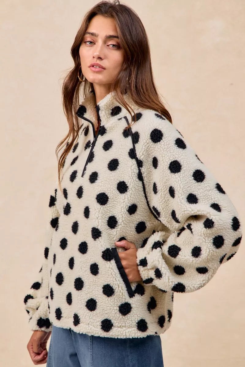 BiBi Polka Dot Sherpa Half Zip Up Top with Side Pocket