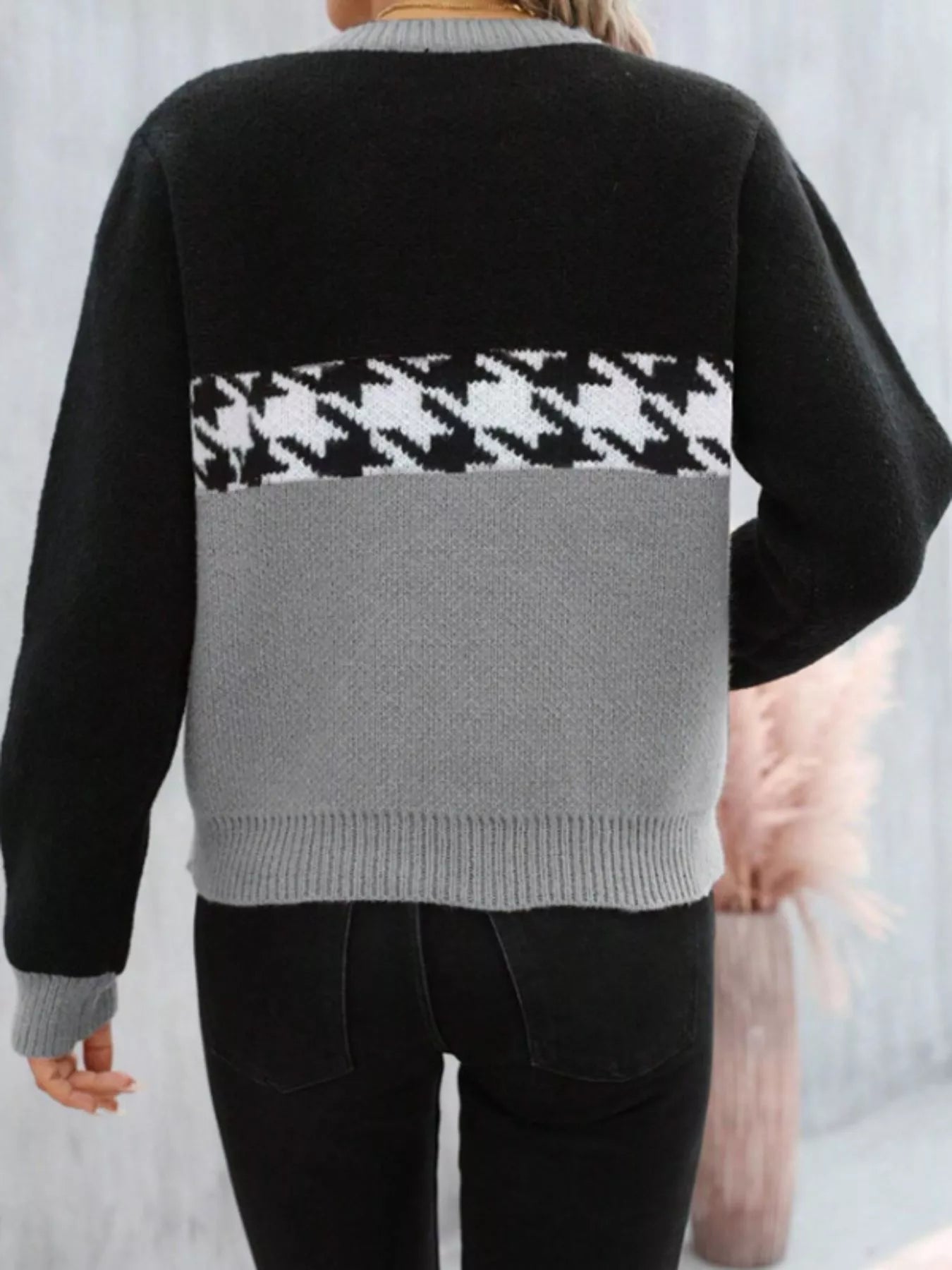 Houndstooth Pattern Color Block Sweater