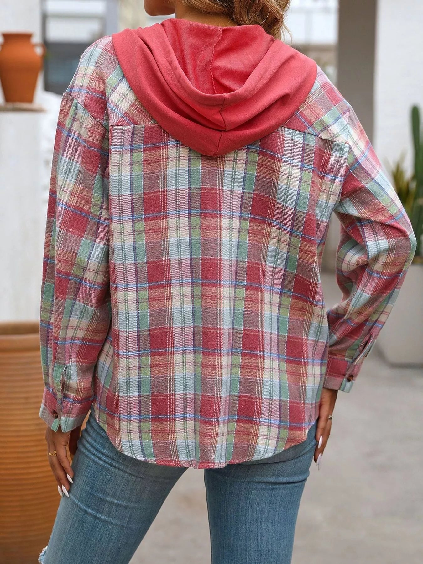 Hooded Plaid Button-Up Shirt