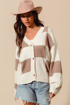 SO ME Checkered Button Front Ribbed Sweater Cardigan