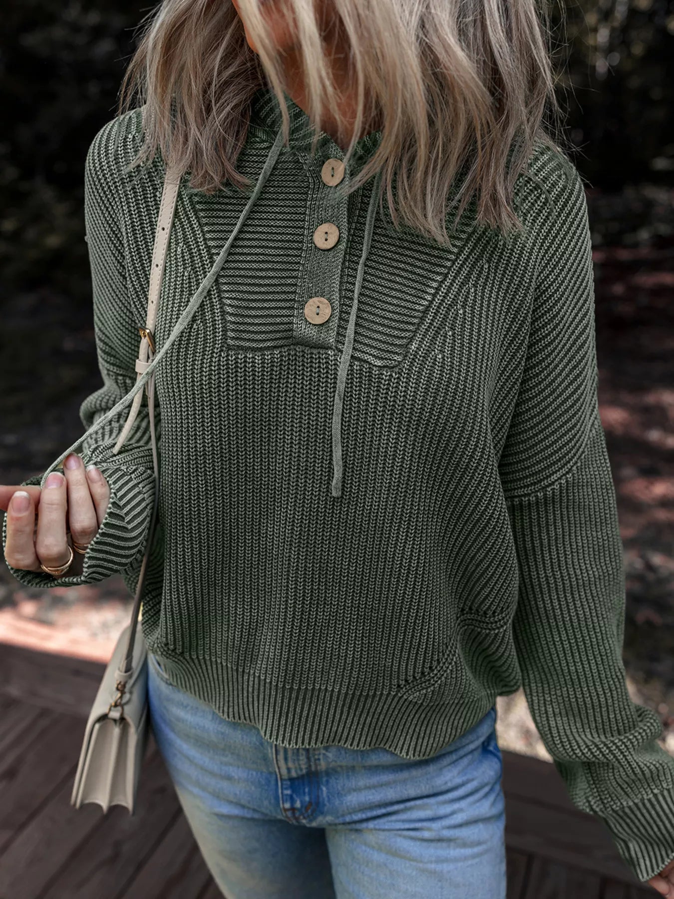 Mineral Wash Ribbed Knit Button Drawstring Neck Hooded Sweater