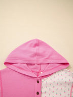 Mixed Texture Waffle Floral Patchwork Hooded Oversize Pullover