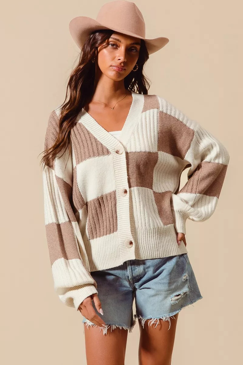 SO ME Checkered Button Front Ribbed Sweater Cardigan
