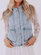 Scalloped Trim Patch Pocket Button Front Denim Vest