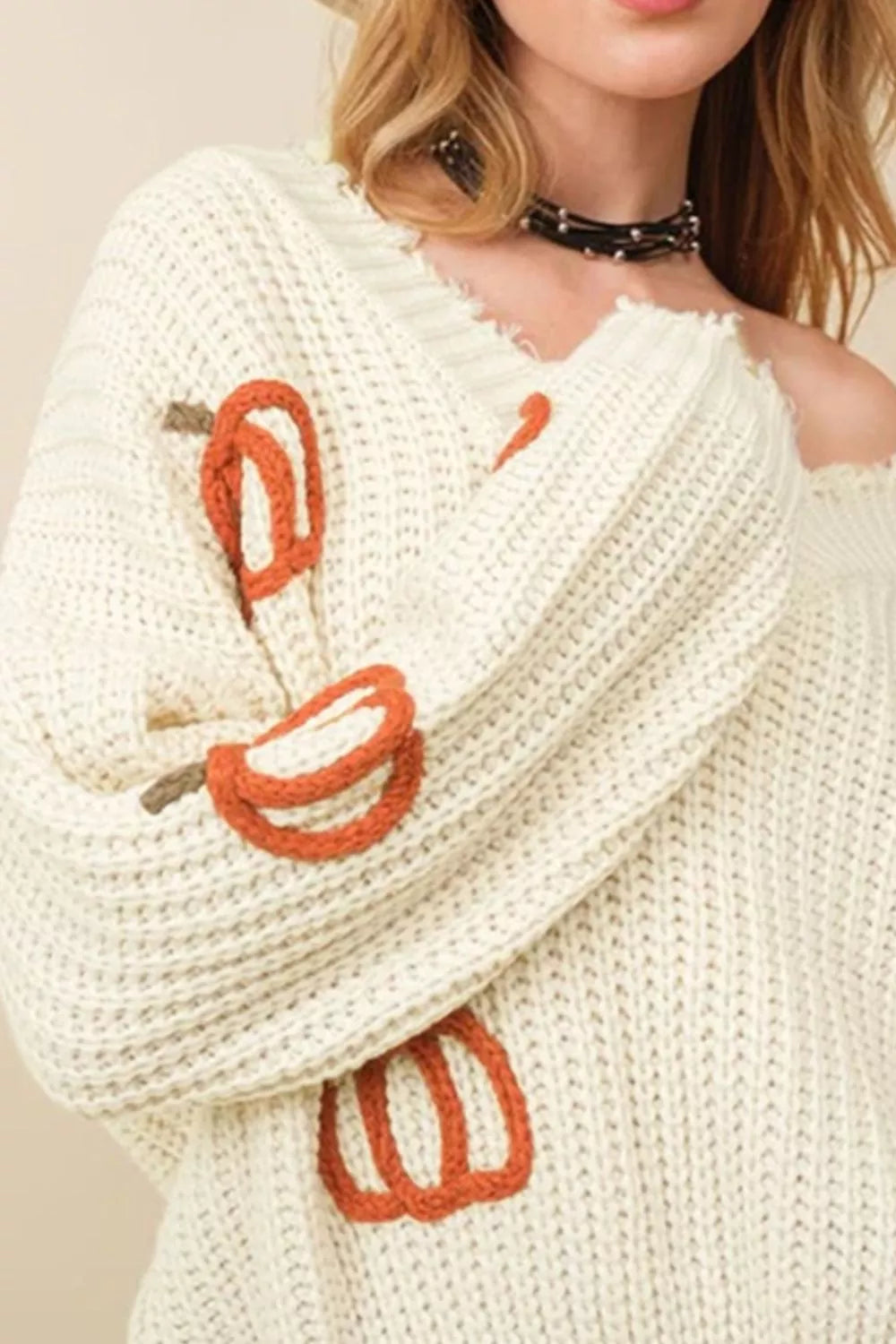 Cable Knit Pumpkin Raw Hem V Neck Loose Sweater