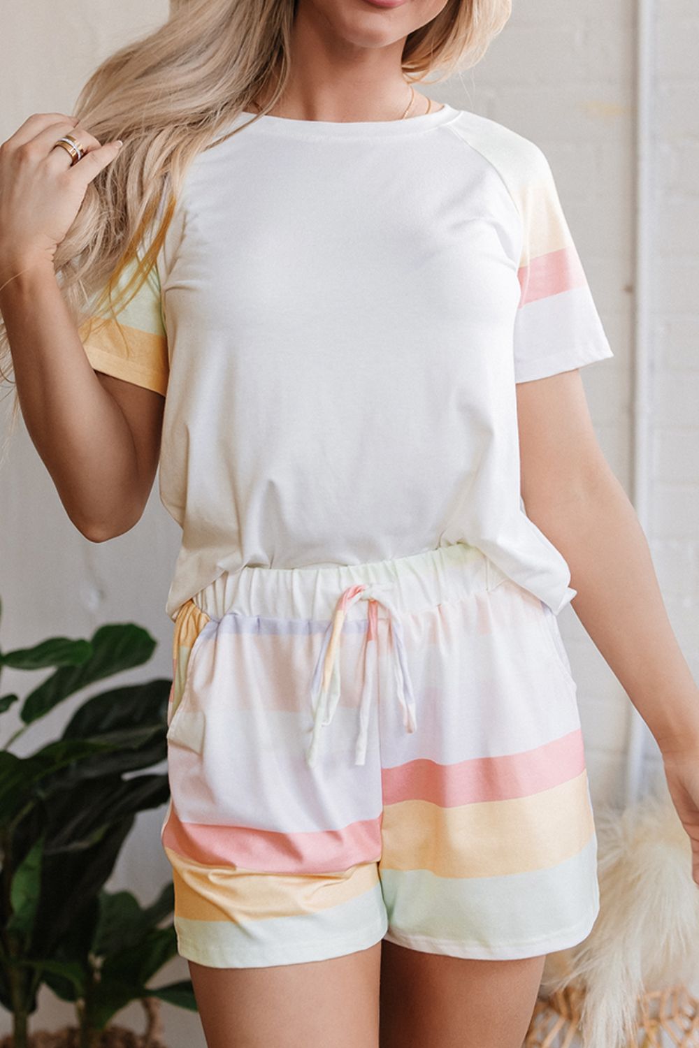 Rainbow Striped Round Neck T Shirt and Shorts Lounge Set