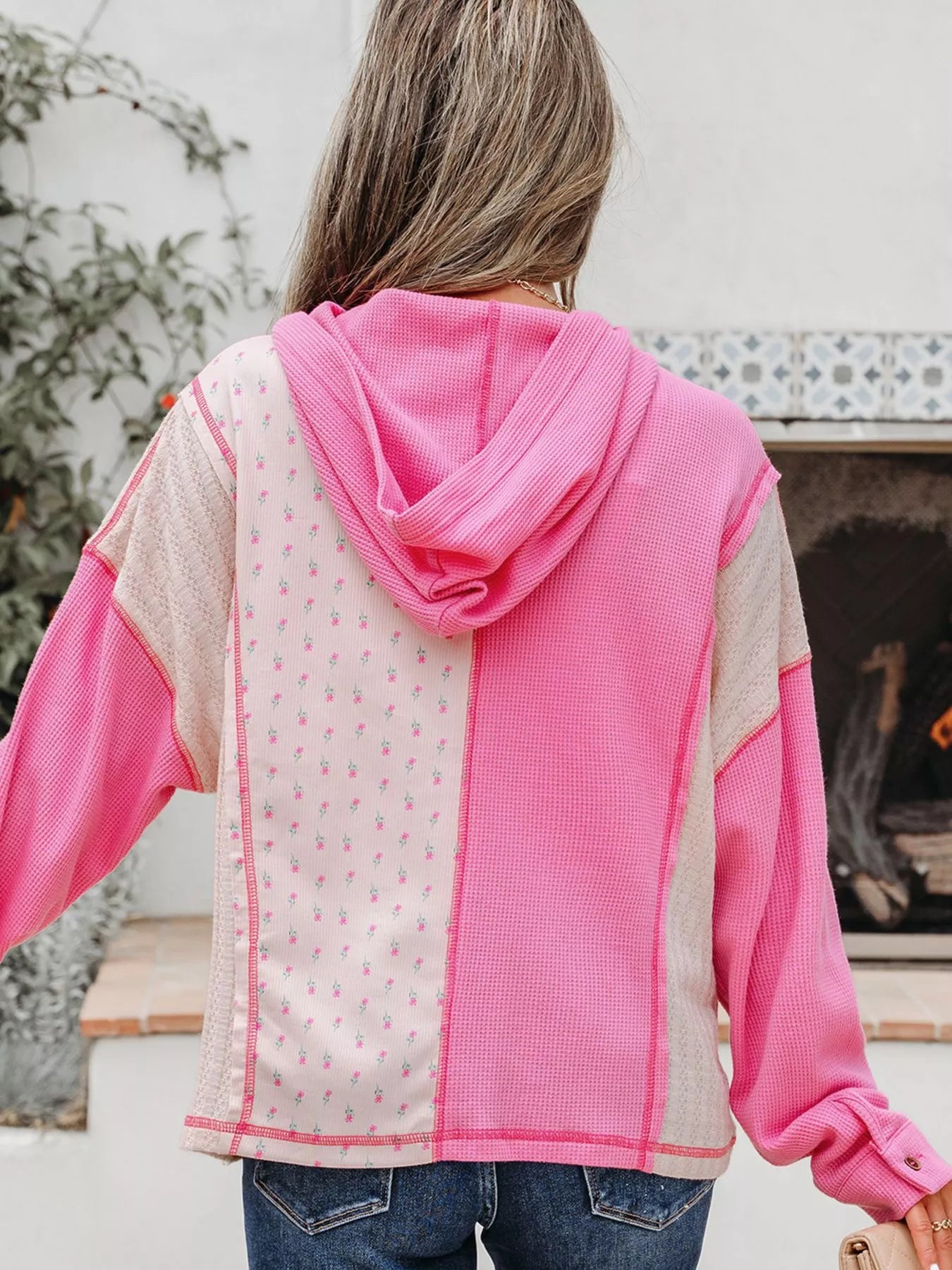 Mixed Texture Waffle Floral Patchwork Hooded Oversize Pullover