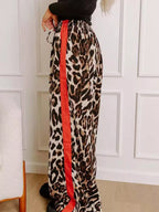 Leopard Print Wide Leg Pants with Side Stripe
