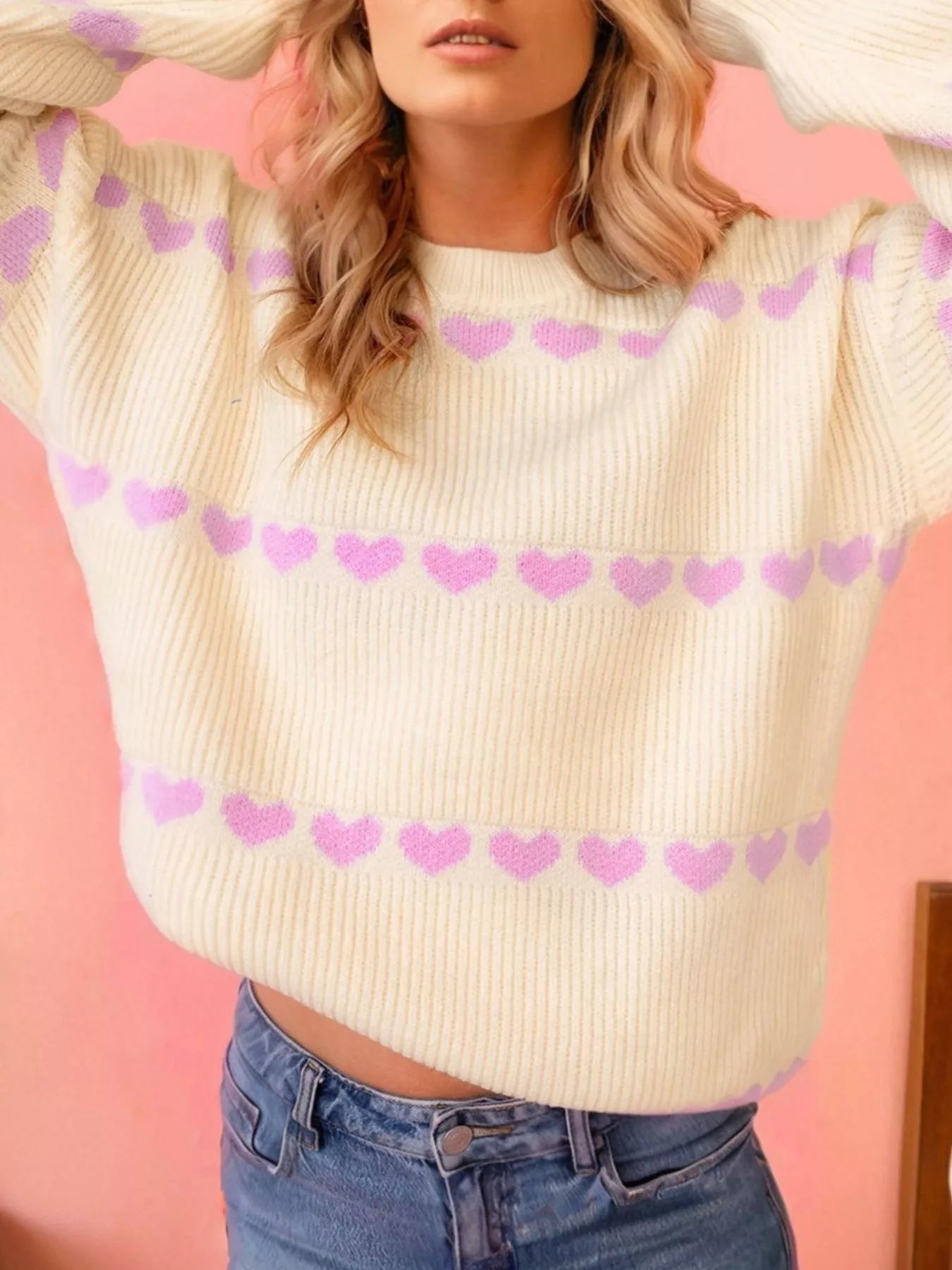 Heart Pattern Valentine Ribbed Knit Sweater