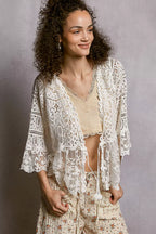 POL Floral Lace Short Sleeve Crochet Cardigan with Tassel Tie
