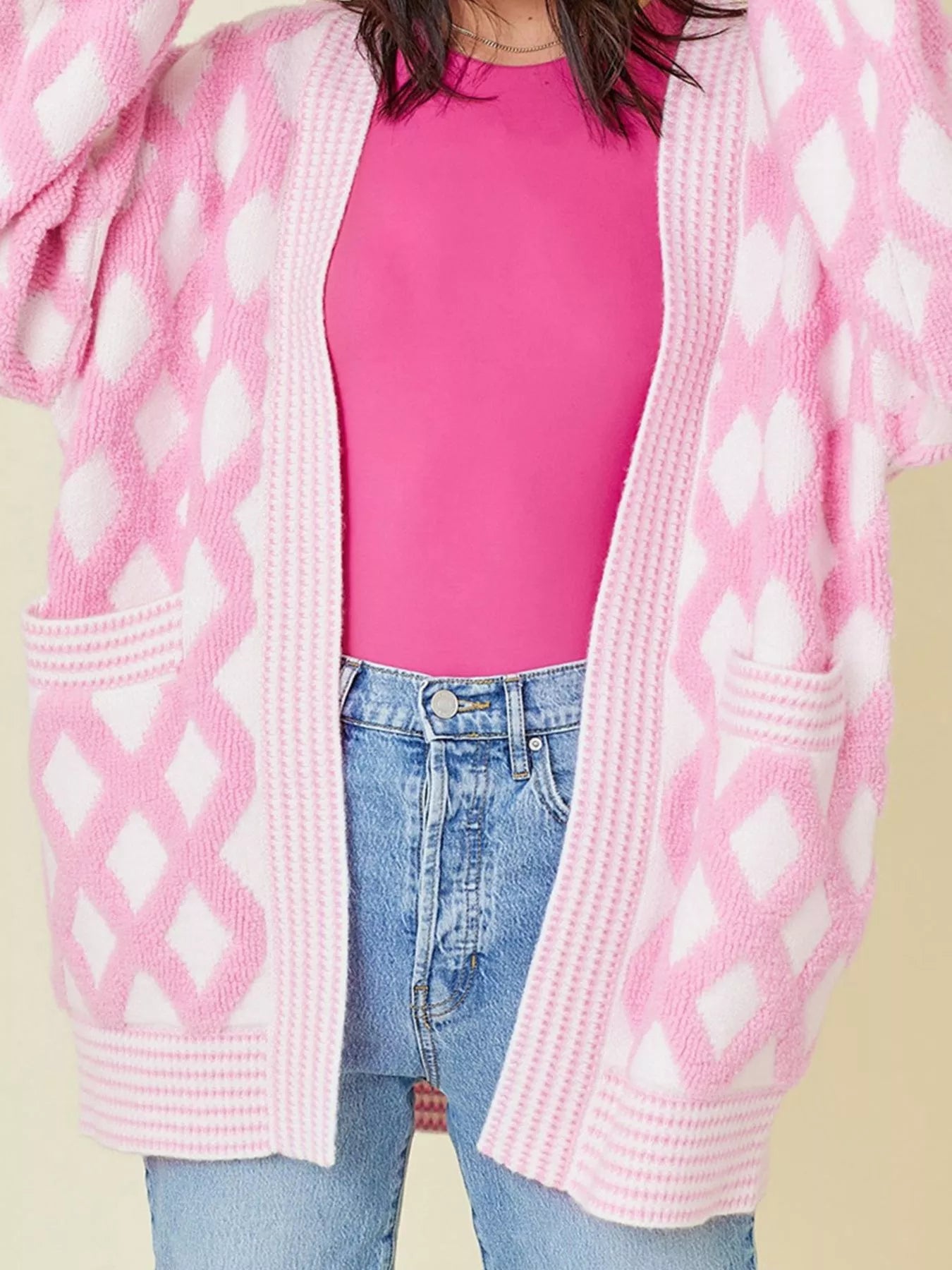 Rhombus Pattern Knit Open Front Pocketed Cardigans