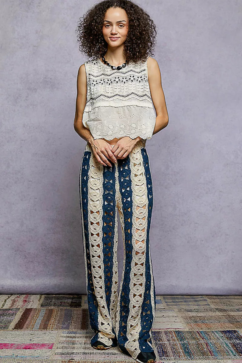 POL Openwork Wide Leg Pants with Stripe Detail