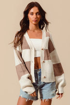 SO ME Checkered Button Front Ribbed Sweater Cardigan