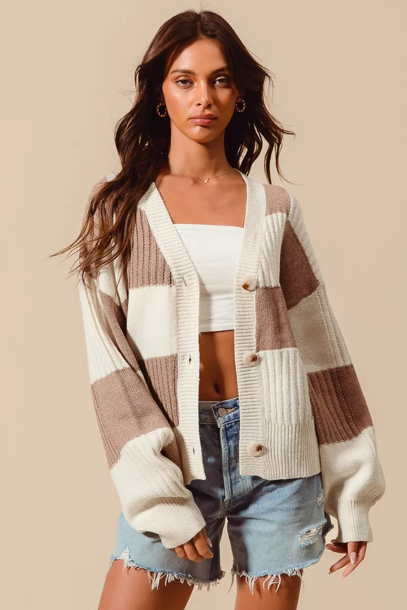 SO ME Checkered Button Front Ribbed Sweater Cardigan