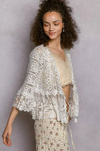 POL Floral Lace Short Sleeve Crochet Cardigan with Tassel Tie