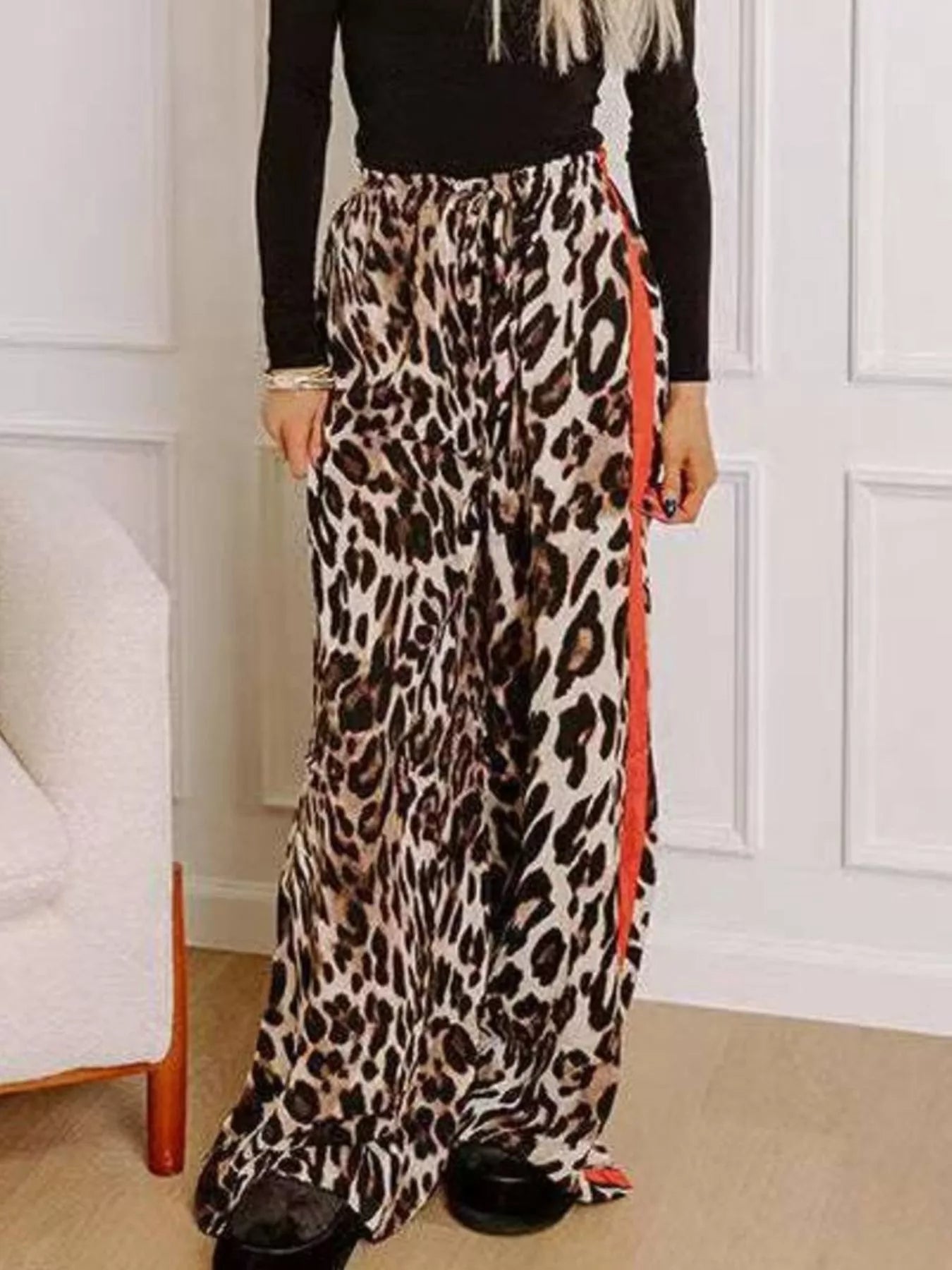 Leopard Print Wide Leg Pants with Side Stripe