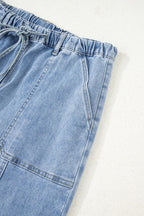 Denim Raw Hem Drawstring Wide Leg Pants