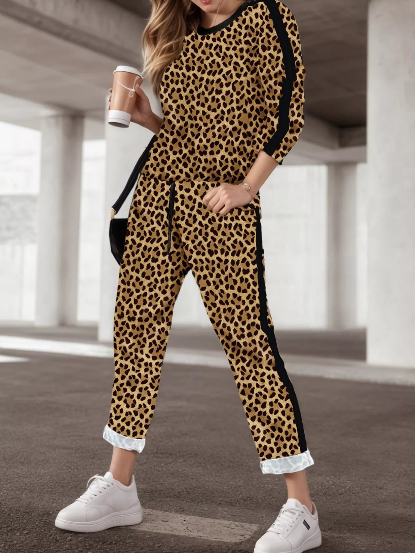 Stripe Leopard Print Top and Pants Set