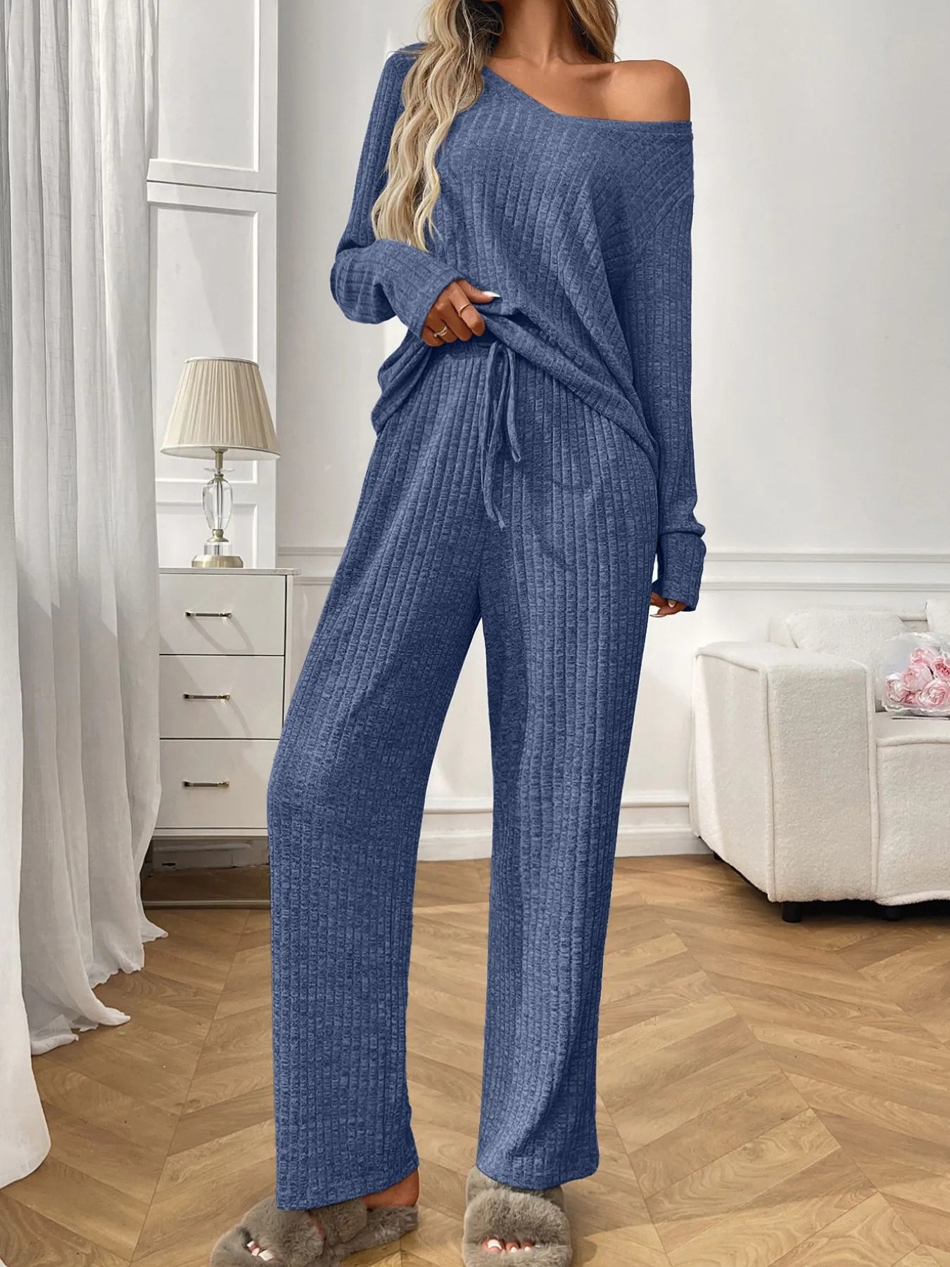 Ribbed Long Sleeve Top and Pants Lounge Set