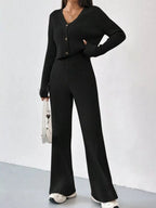 Ribbed Knit Button Up Top and Pants Set