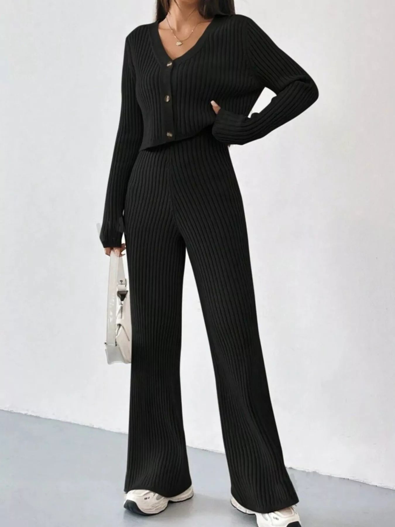 Ribbed Knit Button Up Top and Pants Set