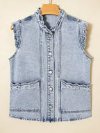 Scalloped Trim Patch Pocket Button Front Denim Vest